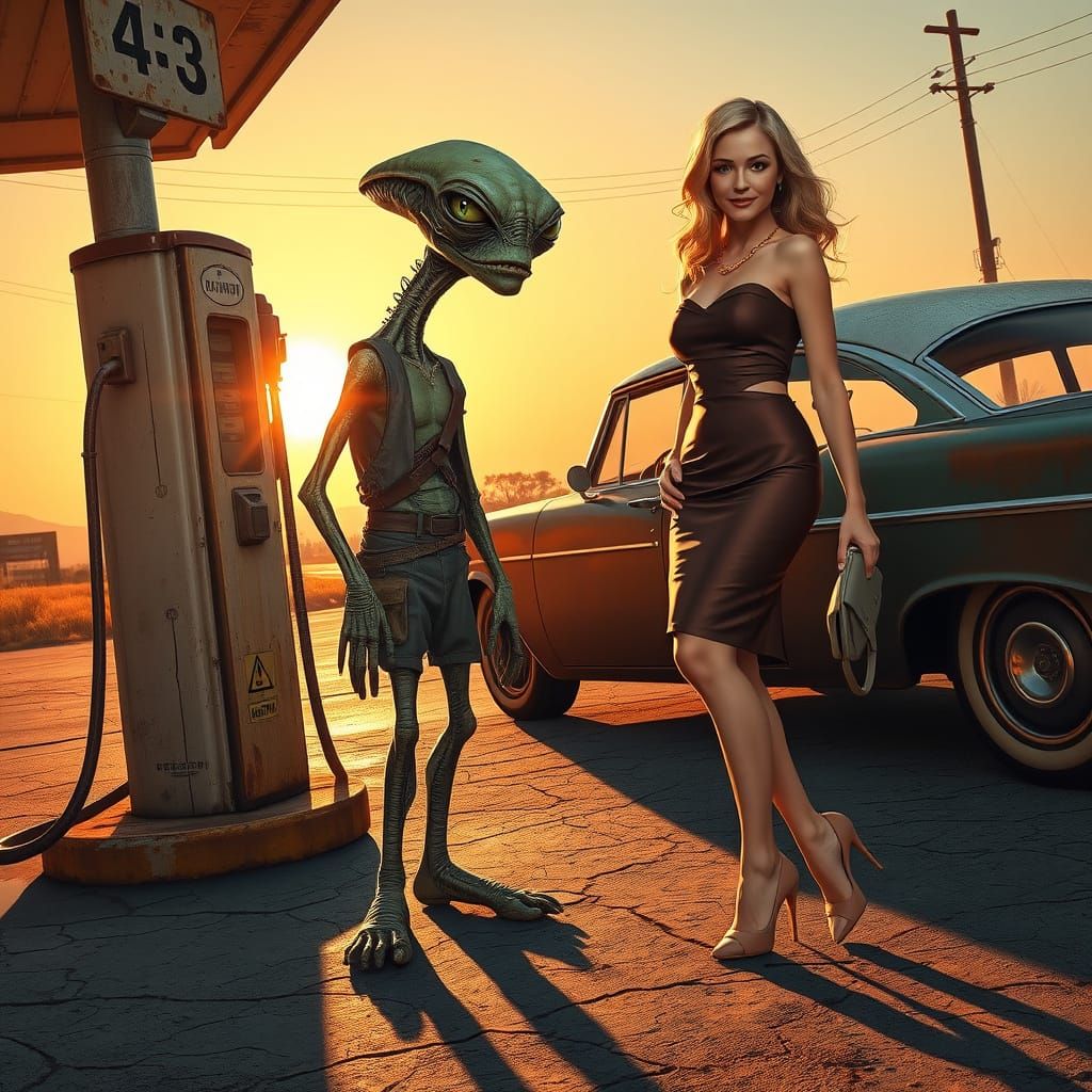Alien Encounter at a Rural Gas Station in Retro-Futuristic S...
