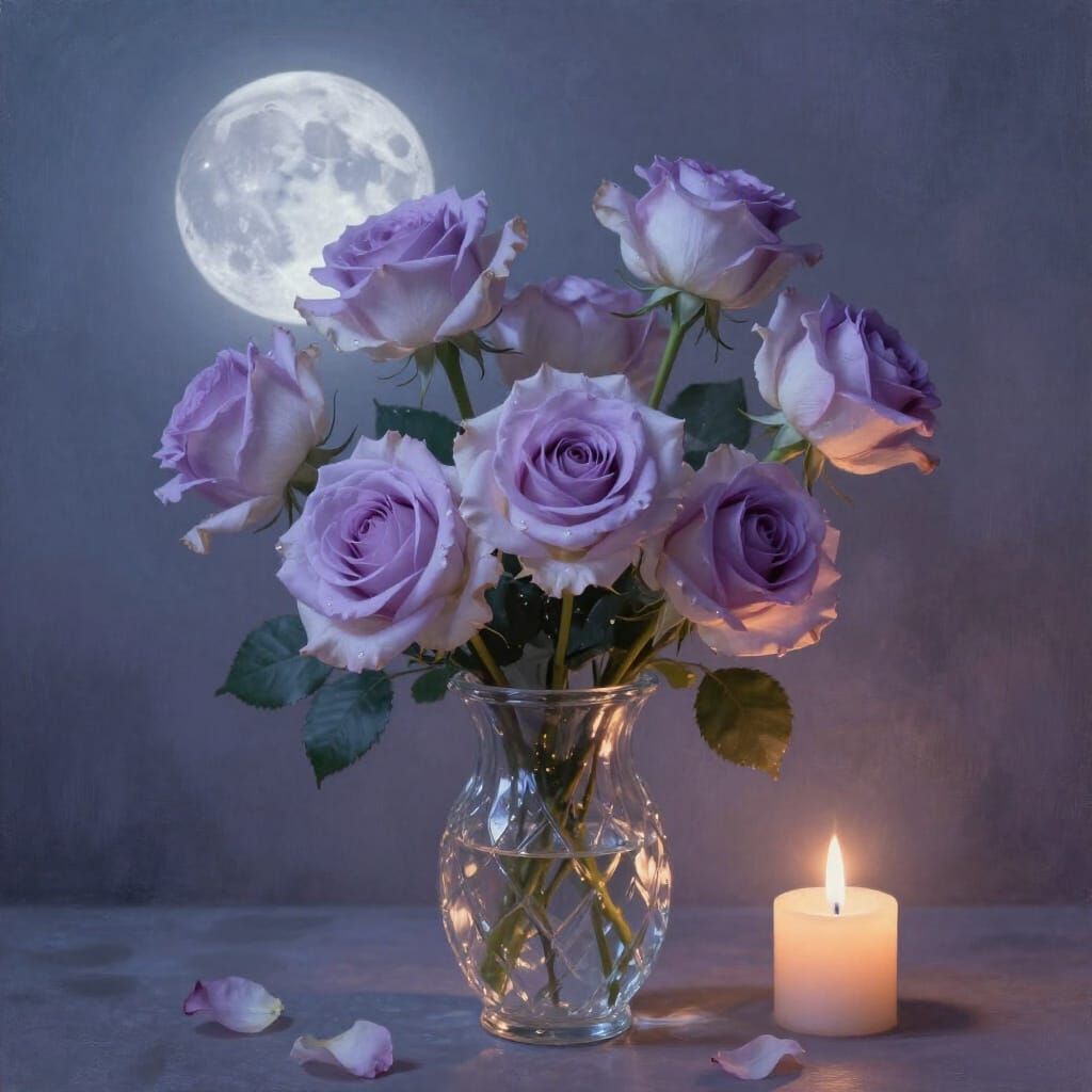 Pastel Roses in Crystal Vase by Moonlight and Candlelight