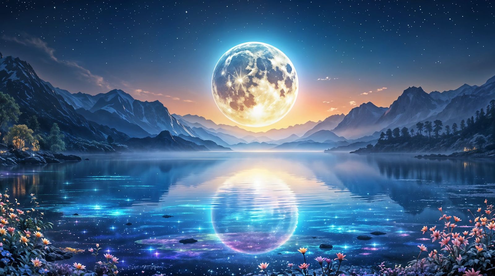 Moonrise Over Prism Lake in Surreal Fantasy Style