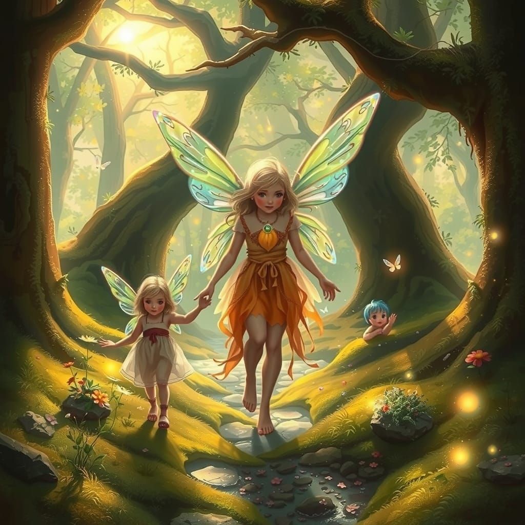 Whimsical Fairy Family in Sunlit Forest