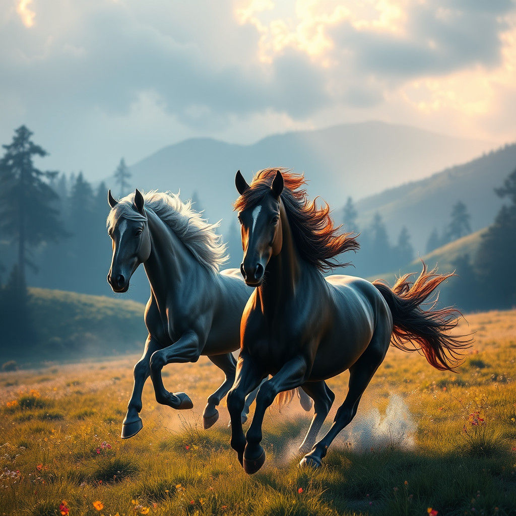 Horses Running Freely in a Magical Meadow