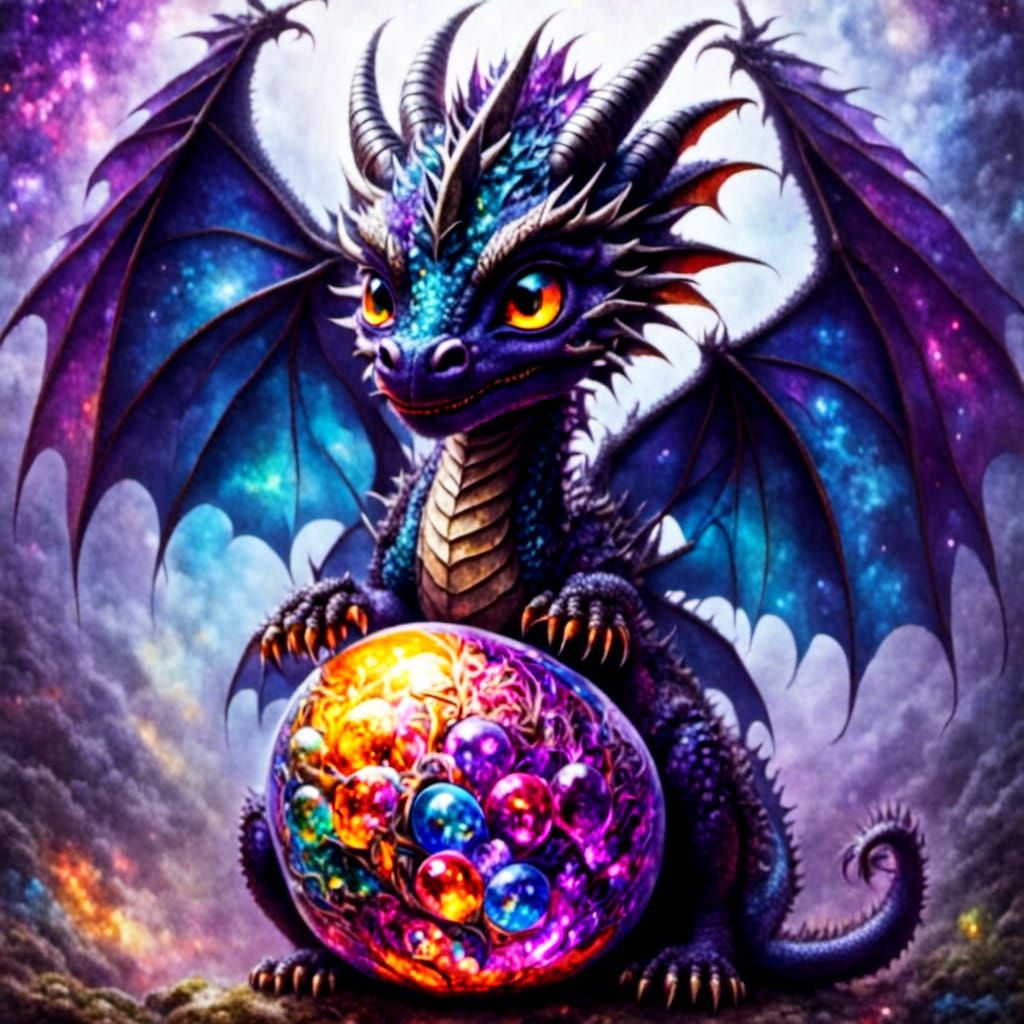 Adorable Baby Dragon Hatchling in Colorful Nebula