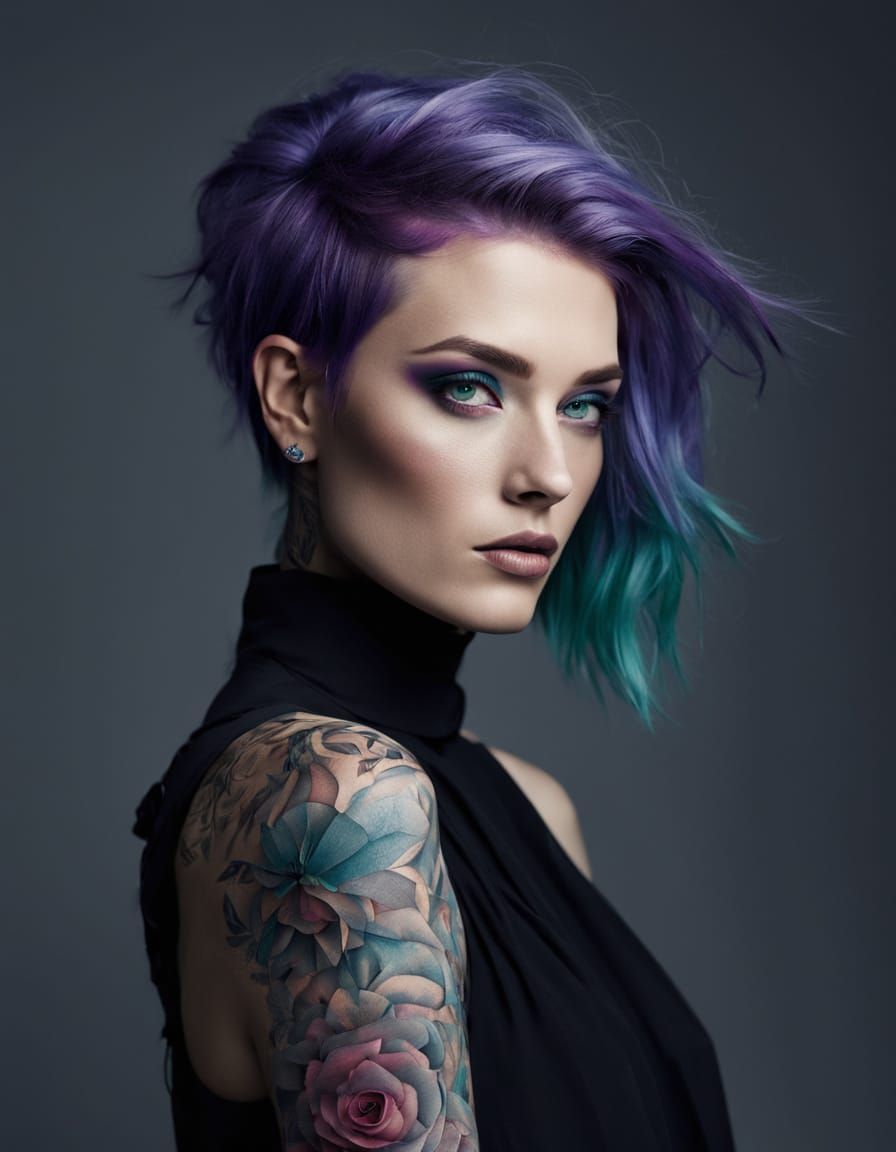 Alt Goth Girl Portrait with Rainbow Tattoos