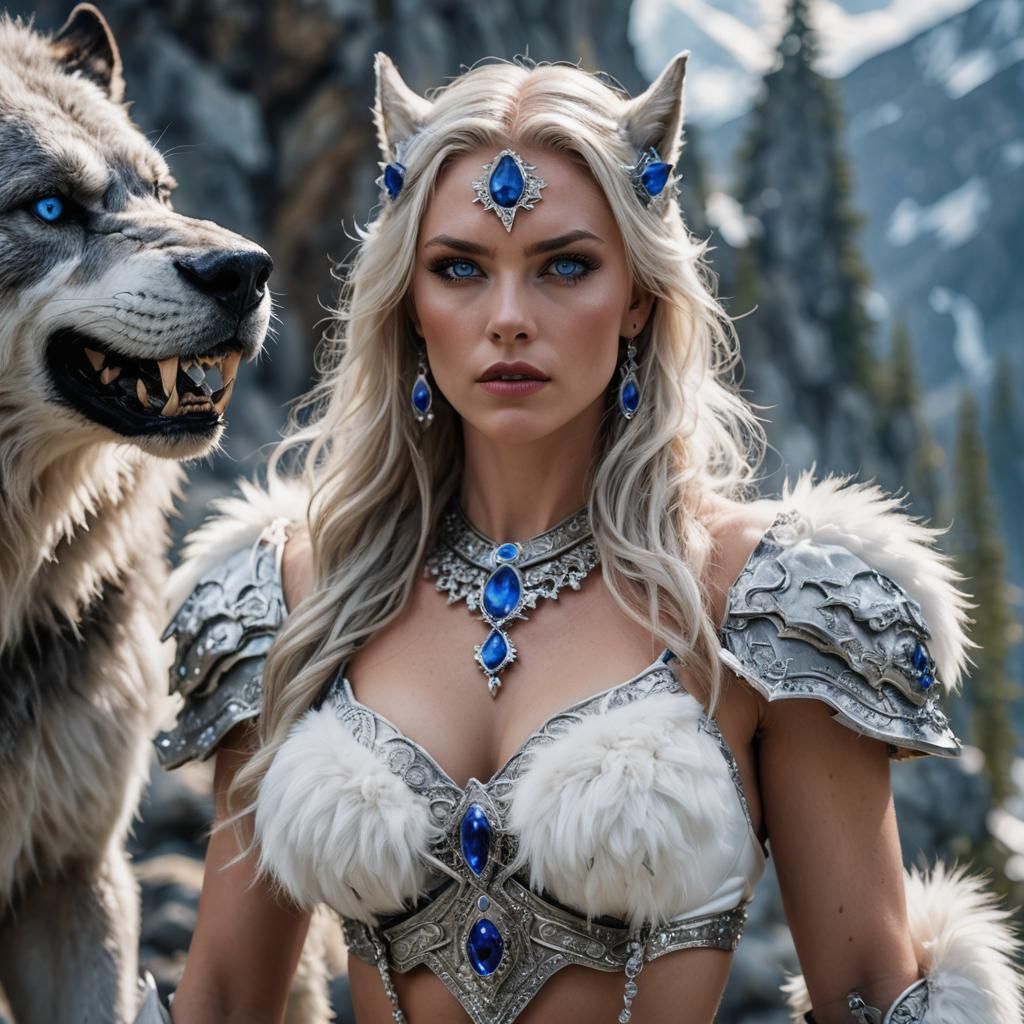 Werewolf queen, blue eyes, white fur, bikini armor, sapphire and silver jewelry, daytime, white showy mountain, fierce e...