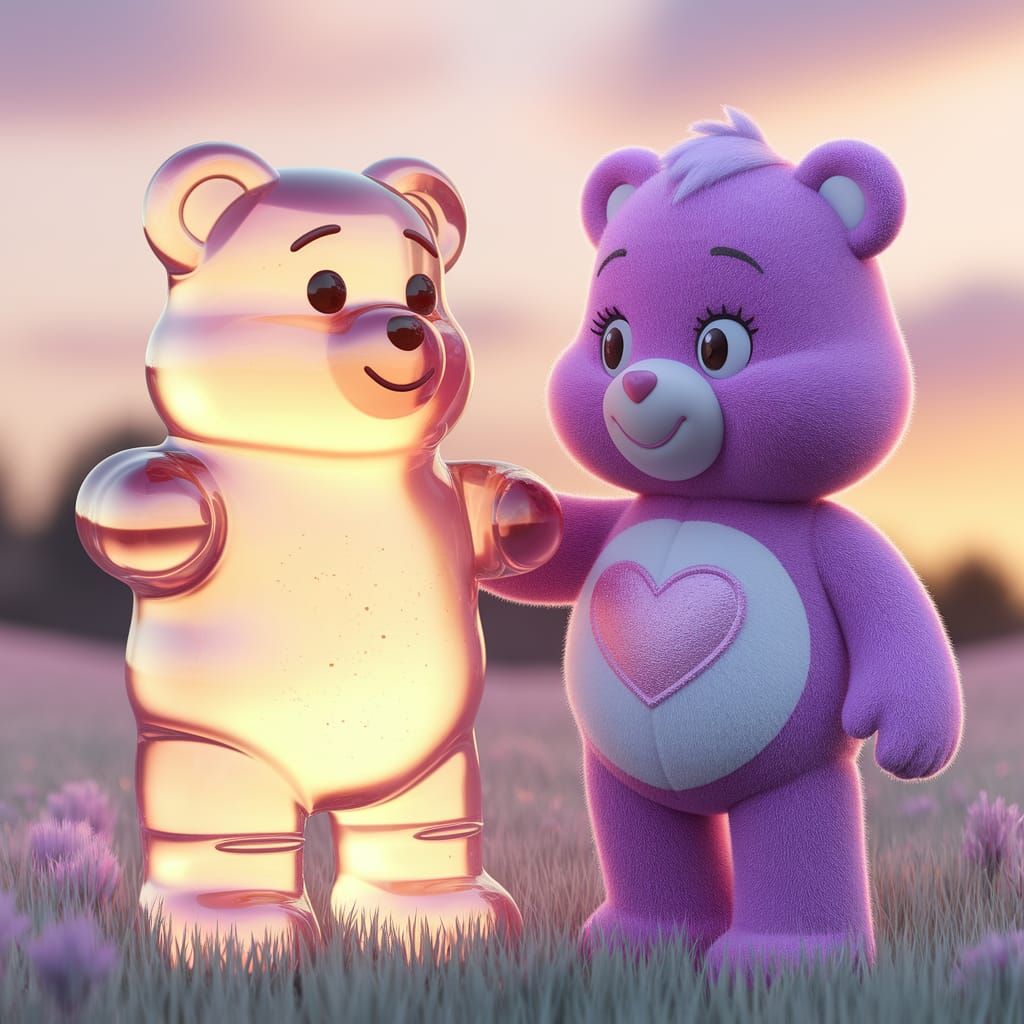 Gummy Bear and Care Bear in Pastel Meadow