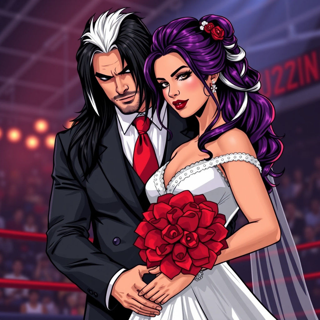Wrestler Couple's Romantic Wedding Photo in Comic Book Style