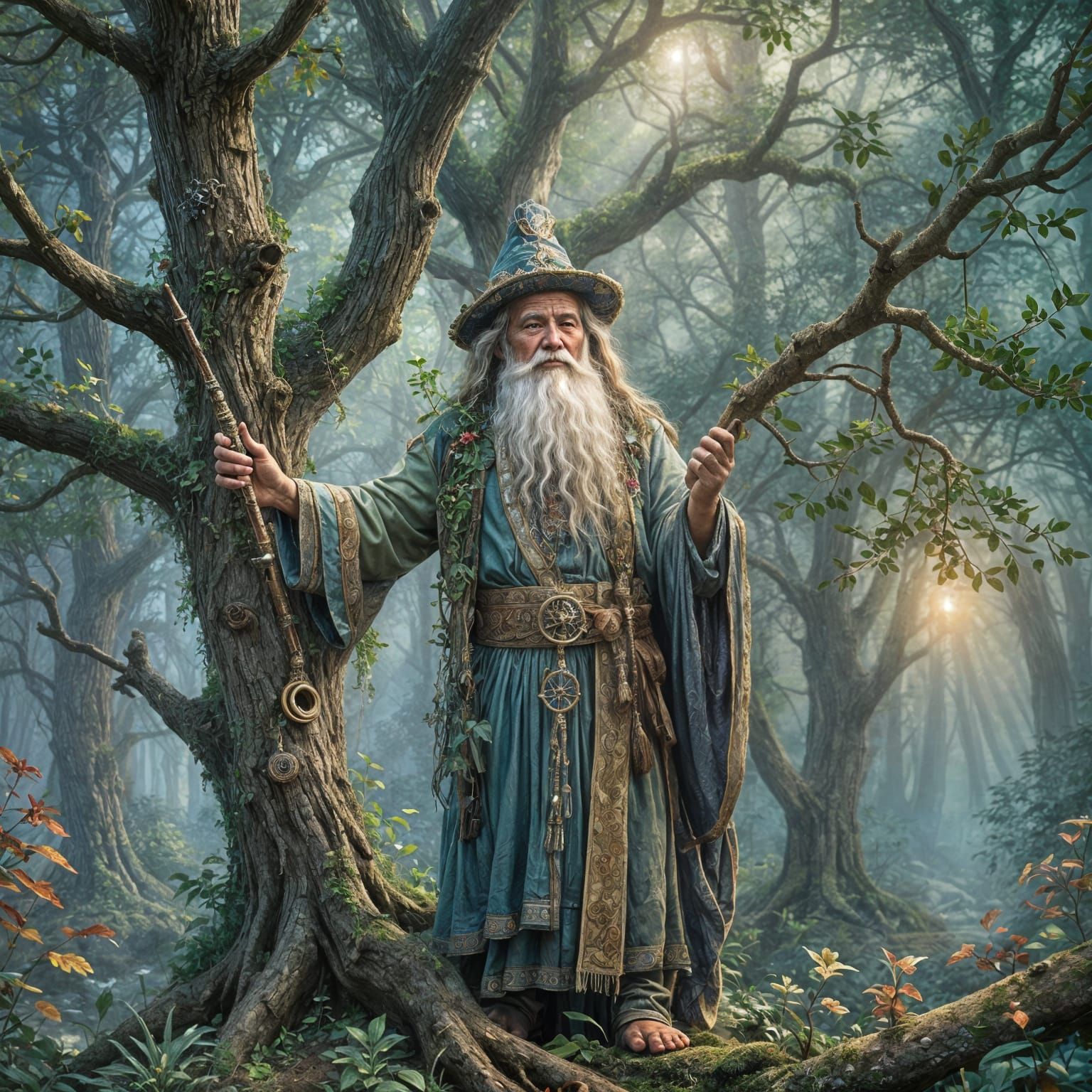 Enchanted Flute: Wise Tree Spirit in Ethereal Mist