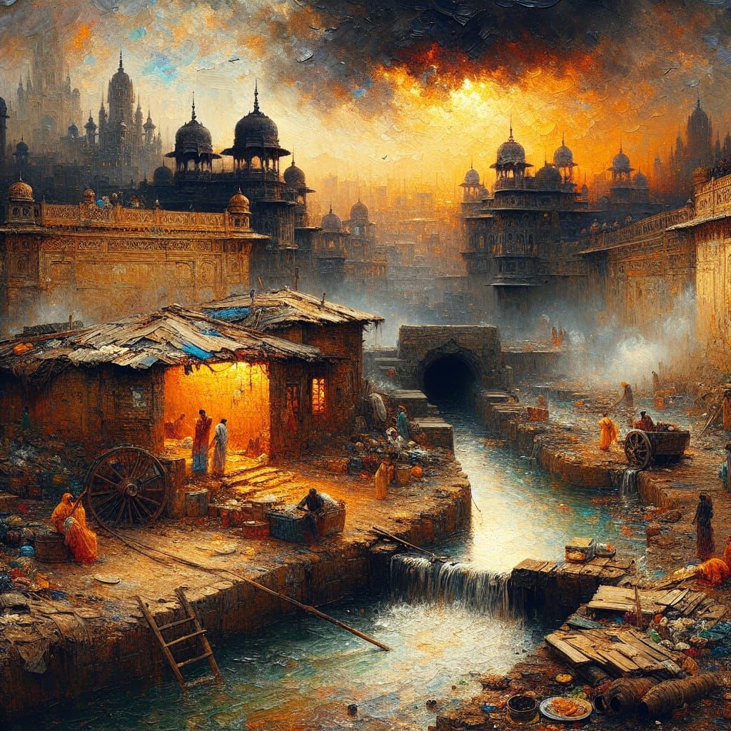 Vibrant Orientalist Scene of a Hindu Sewer on a Summer Night