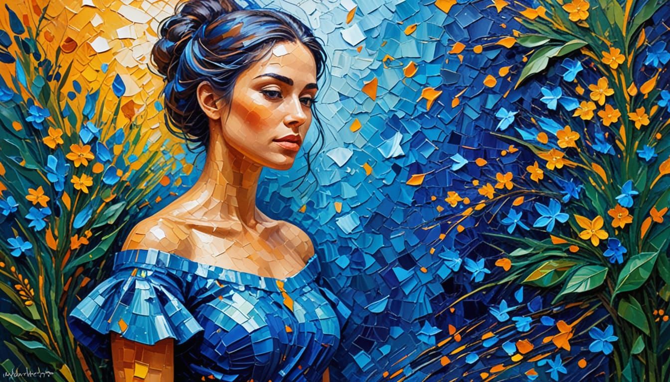 Woman in Blue-Gray Dress in Golden Fields, Morning Mist