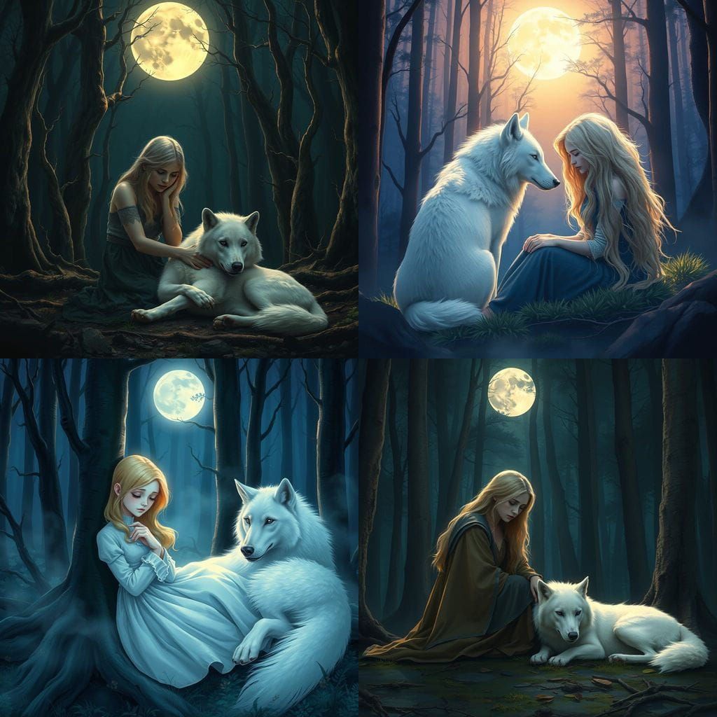 Moonlit Forest Sanctuary: Blonde Maiden Protected by White W...