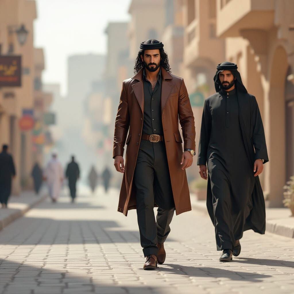 Stylish Arabian Man Walks with Friend in Saudi City