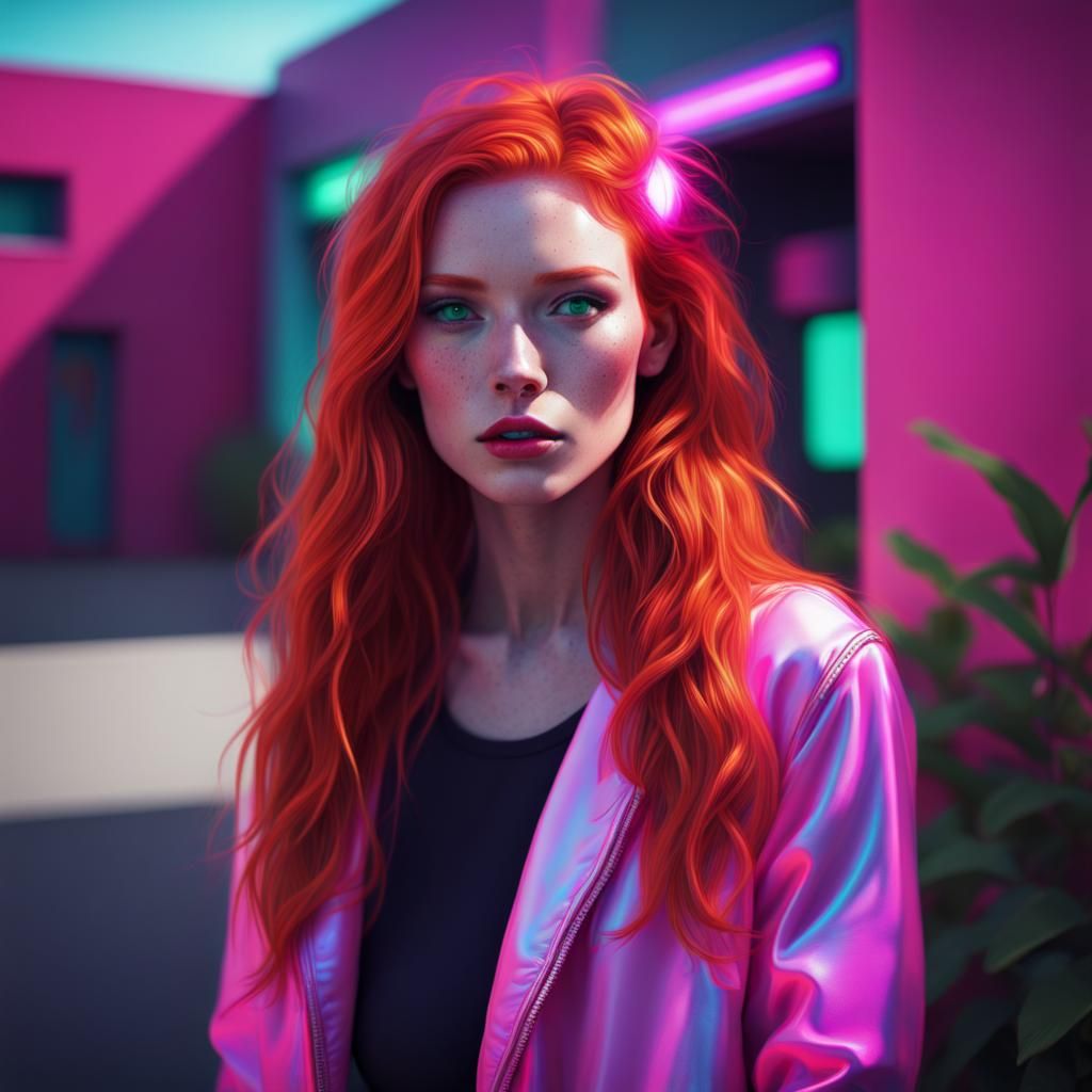 Freckled Redhead in Synthwave Neon Style