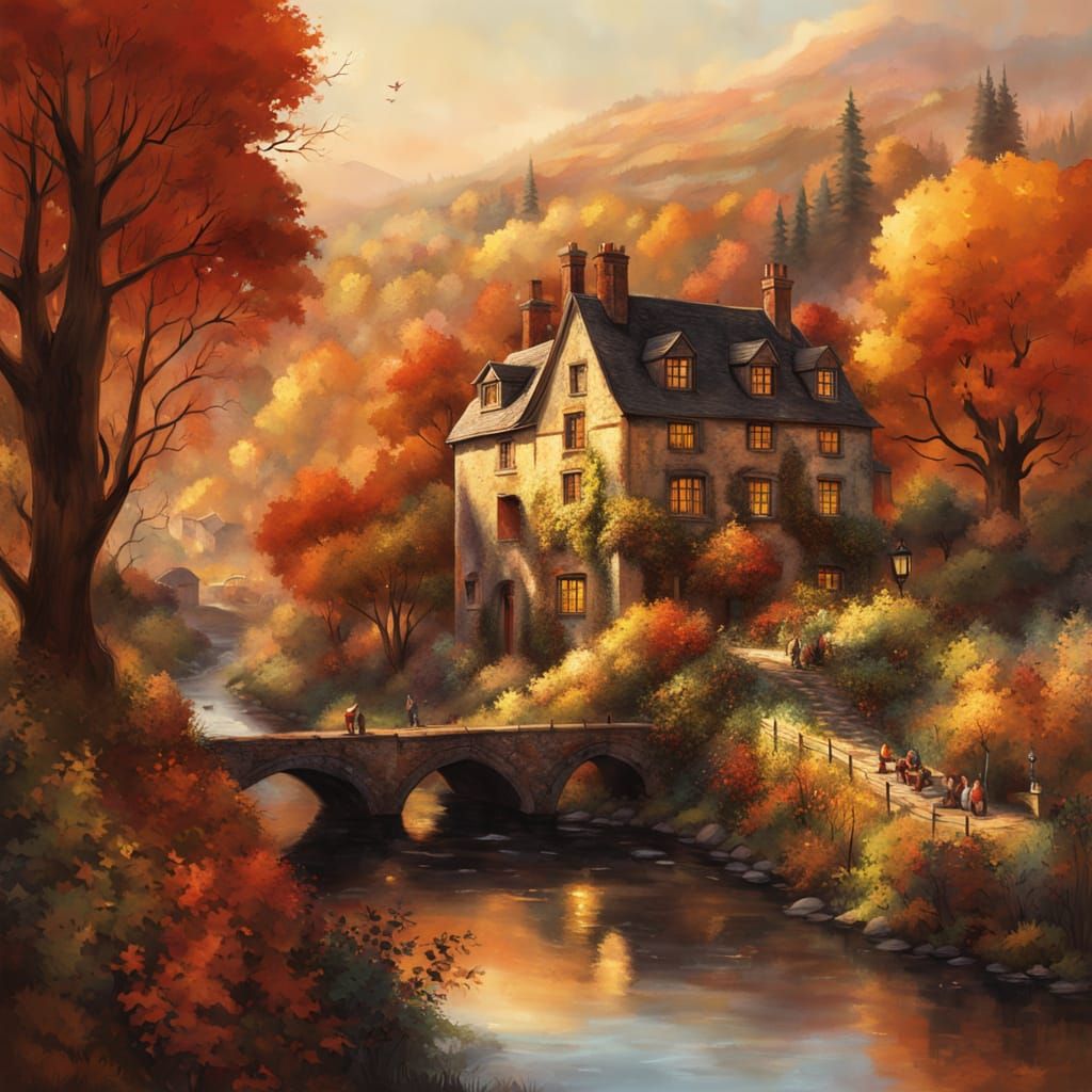 Autumn Village in Warm, Golden Light