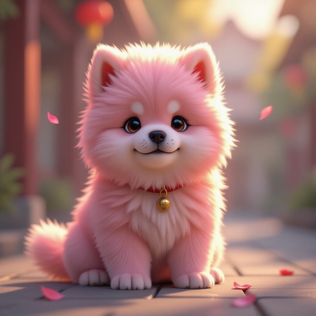 Fluffy Pink Chow Chow Puppy in Vibrant 3D Anime Style