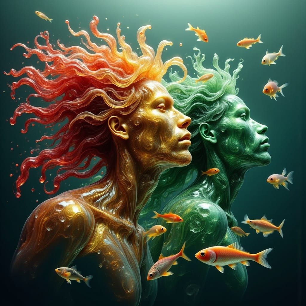Ethereal Magic Water Scene with Rasta Men and Tropical Fish