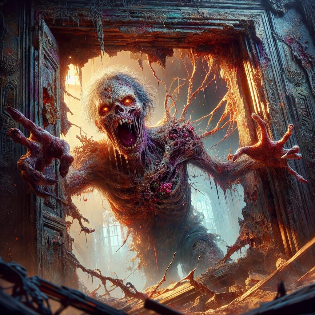 Eerie Zombie Breaks Through Door in Hyper-Detailed Matte Pai...