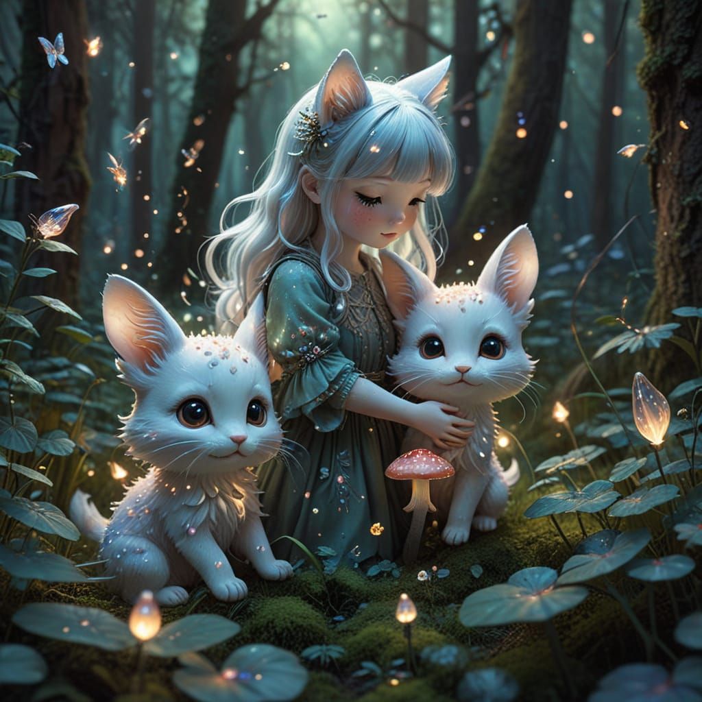 Chibi Neko Fey Creatures in Whimsical Forest Glade