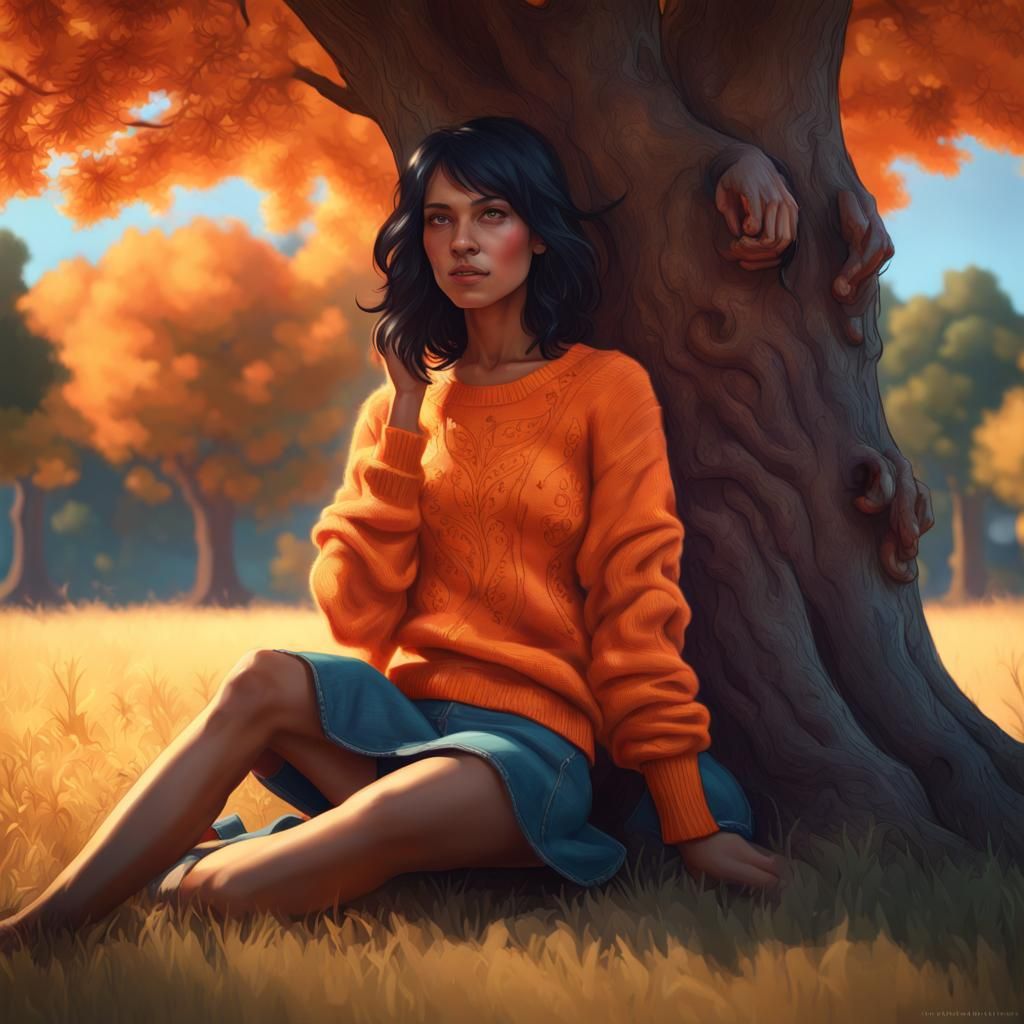 Petite Woman Under Oak Tree, Art Nouveau Style