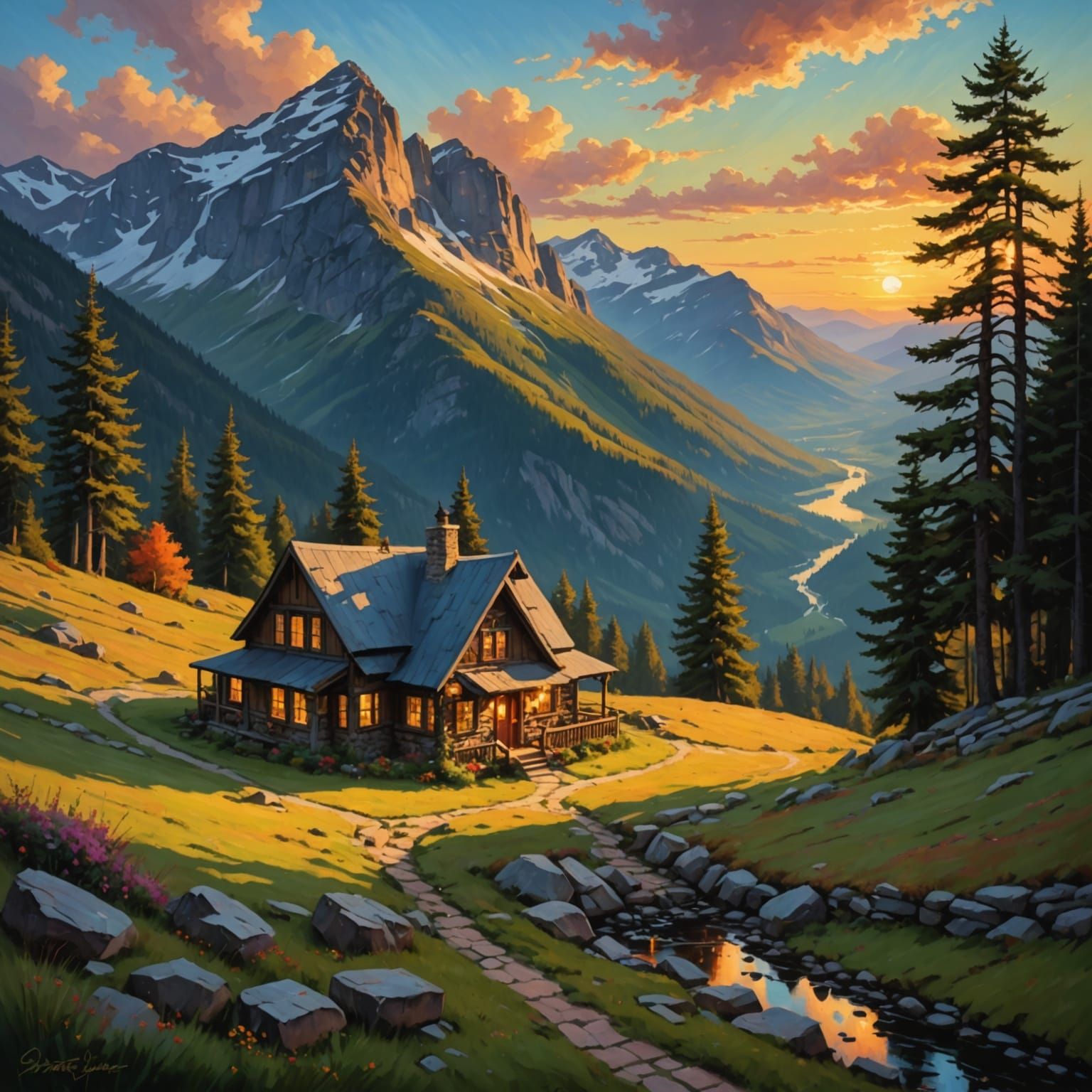 Whimsical Mountain Cottage at Sunset
