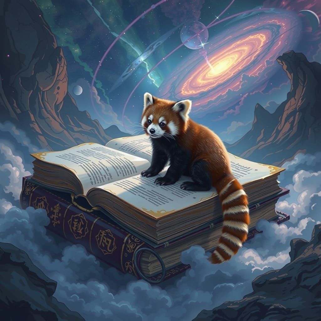 Red Panda on Ancient Tome in Cosmic Dreamscape