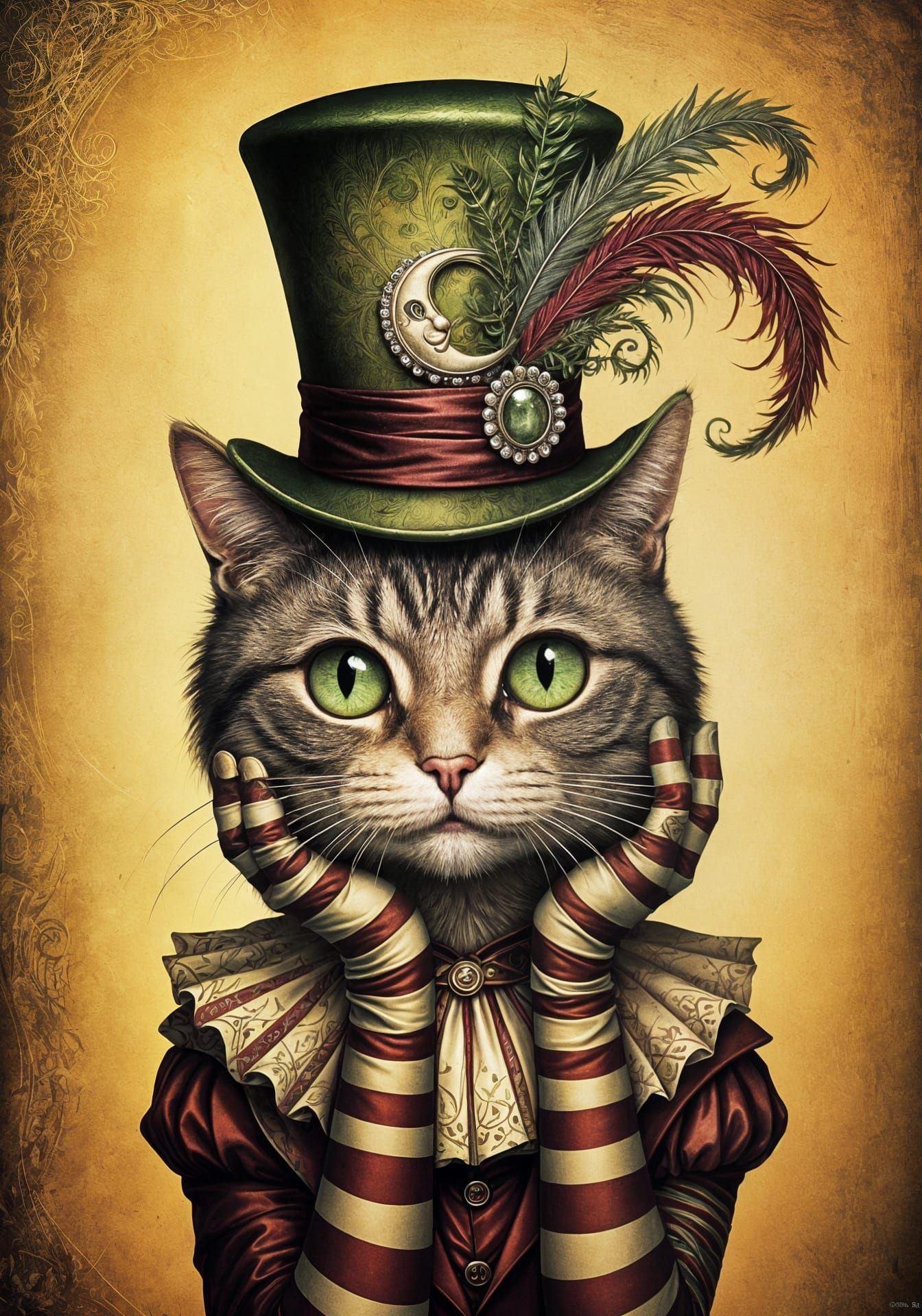 Whimsical Cat in Top Hat with Striped Gloves