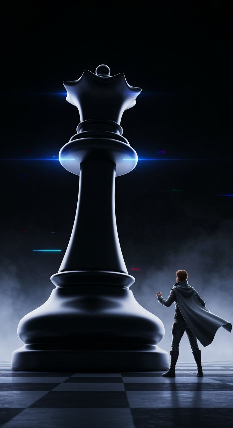 Giant Chess Queen vs Tiny Warrior in Cyberpunk City