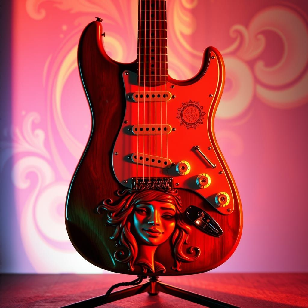 Sunburnt Stratocaster Guitar with Psychedelic Woman Relief
