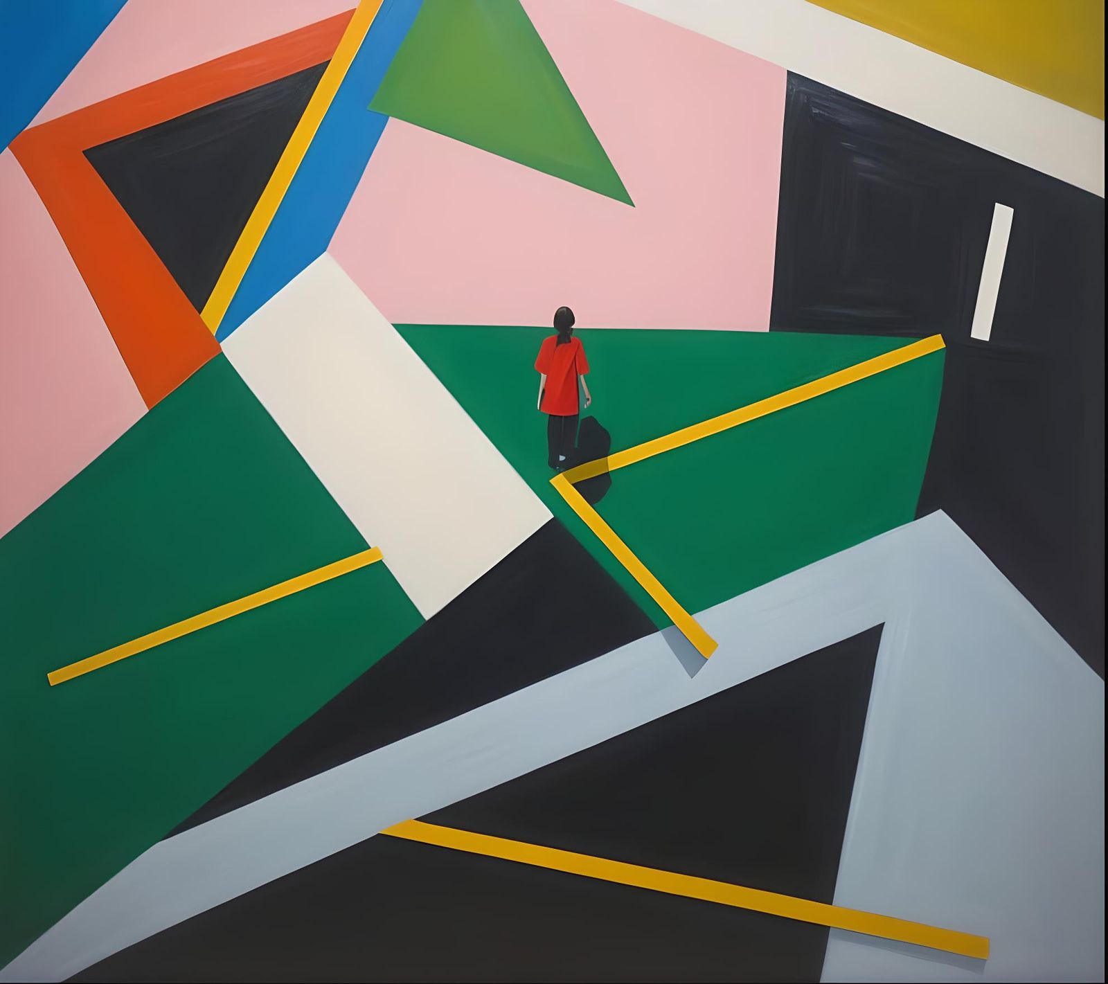 Person Walking By Huge Painting in Gallery