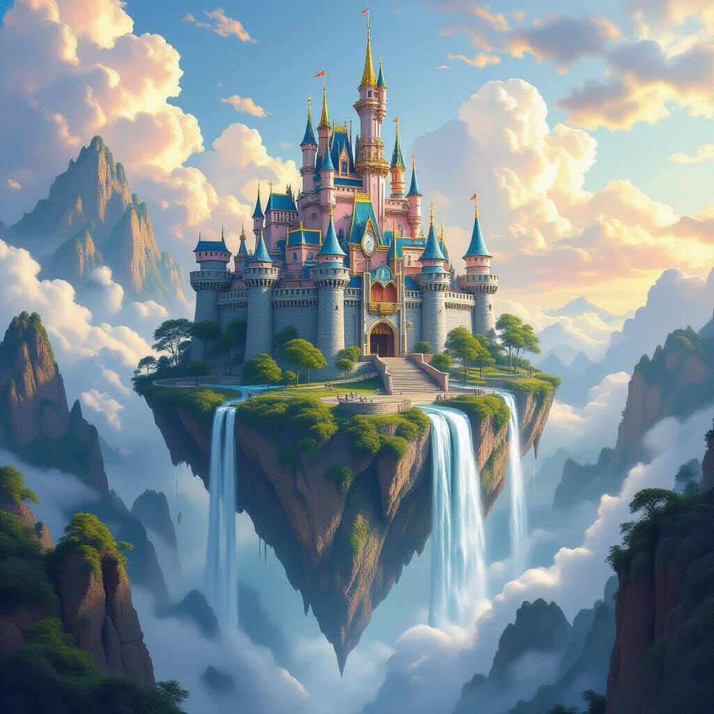 Colossal Castle on Floating Island with Waterfalls