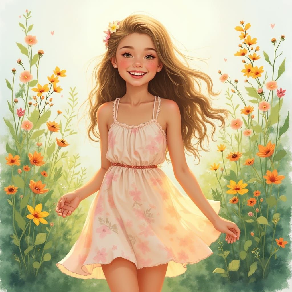 Whimsical Watercolor Girl in Floral Paradise