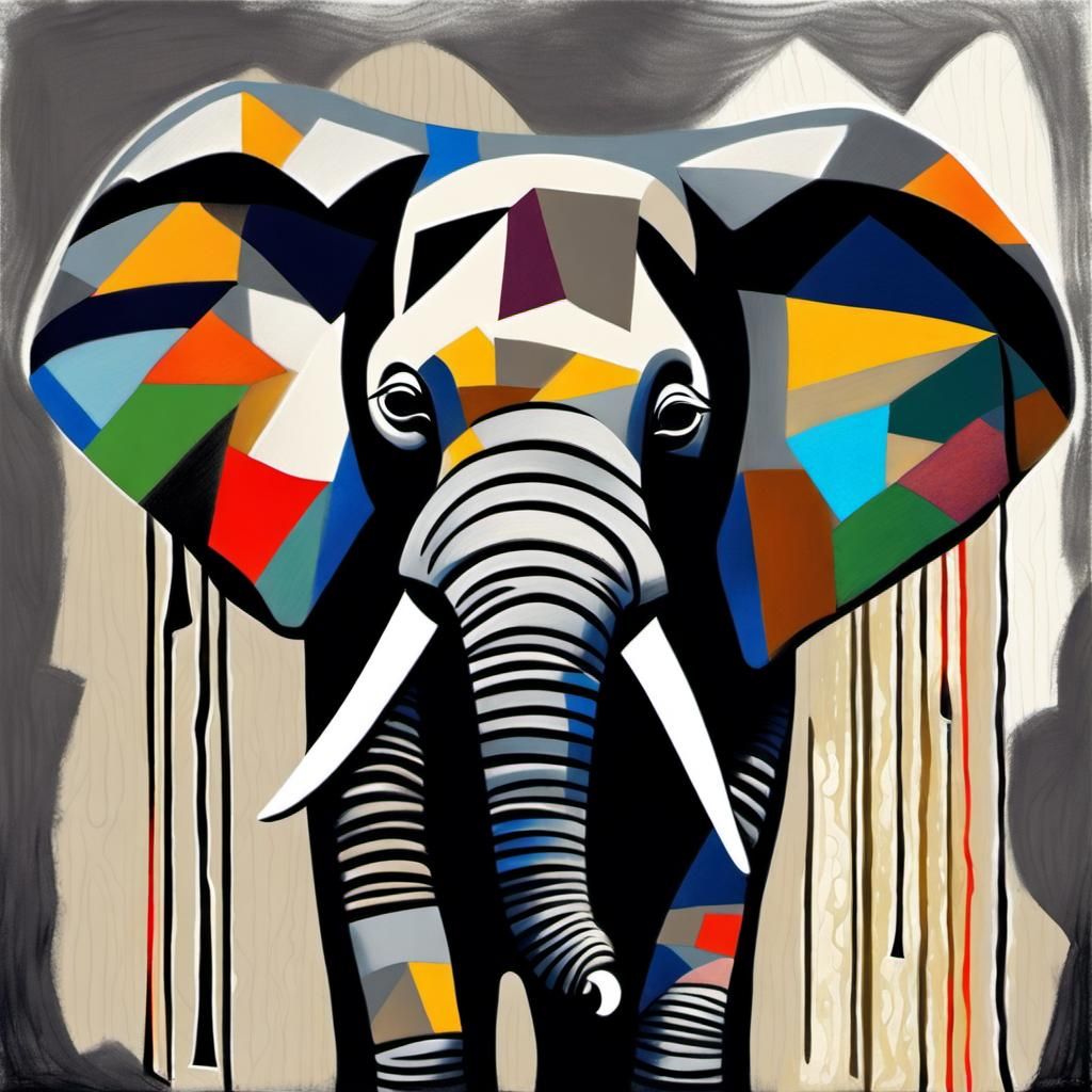 Adorable Elephant Portrait in Cubist Mixed Media