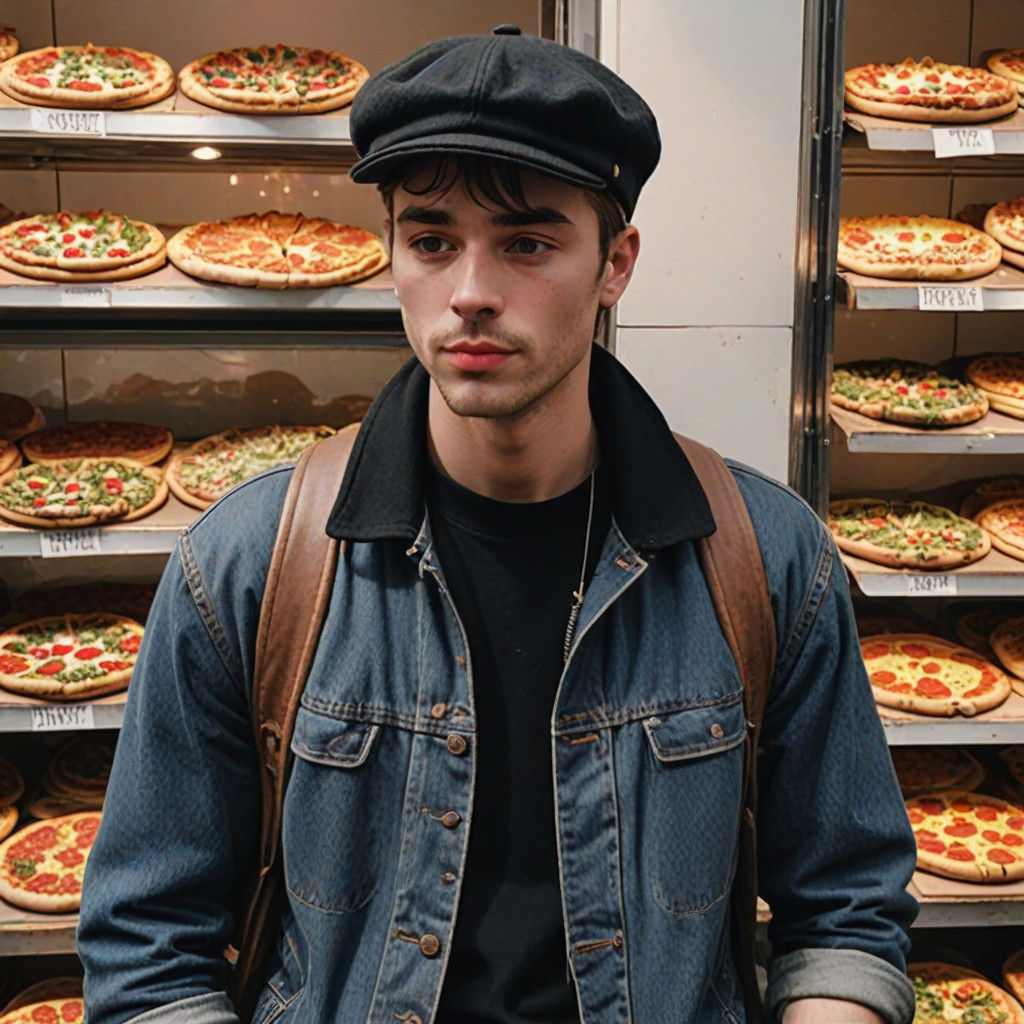British Grunge Guy Holds Pizza in Newsboy Cap