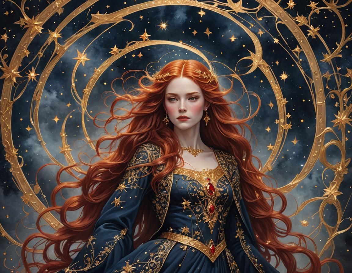 Enchanting Woman with Red Hair and Golden Stars