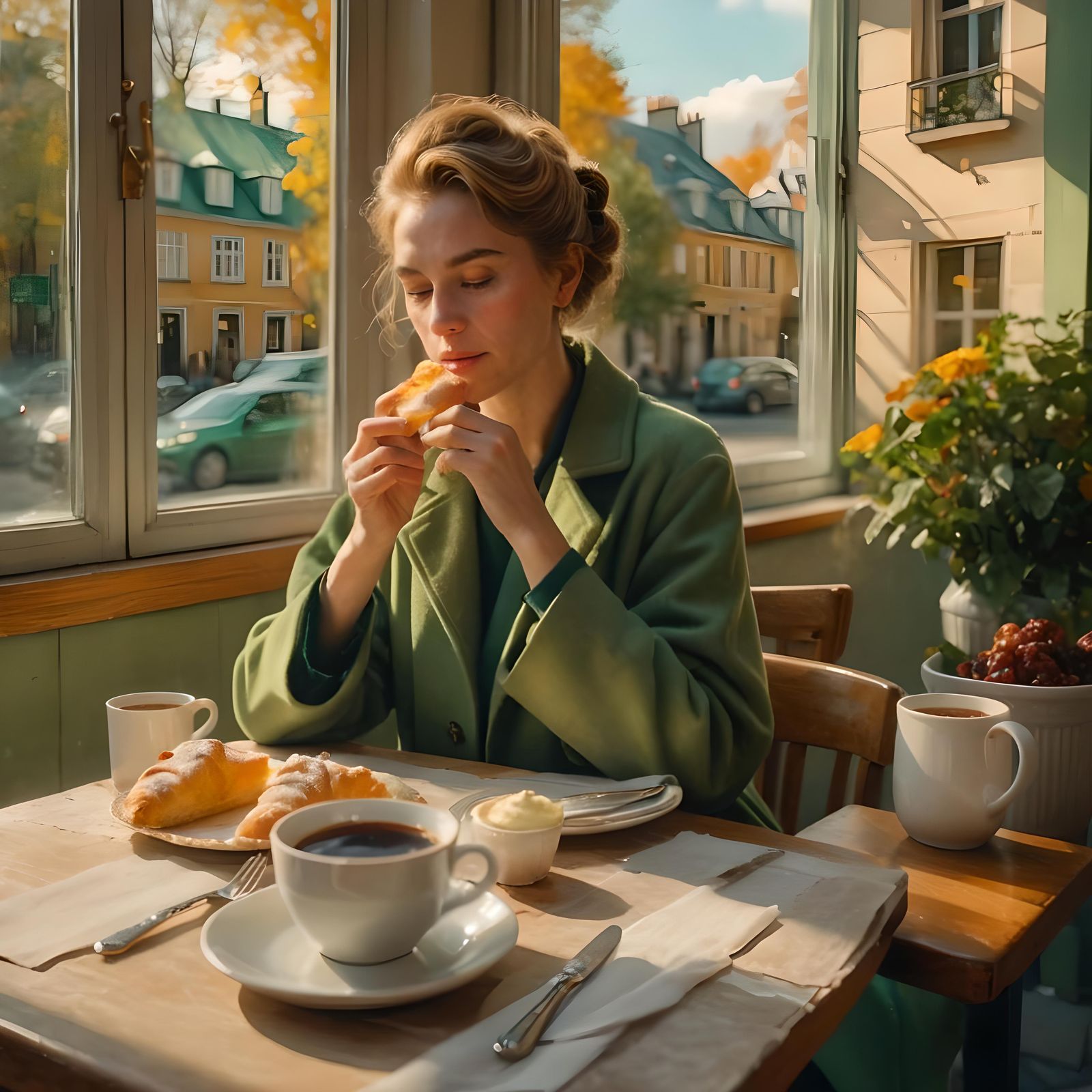 Cozy Autumn Scene: Woman Enjoying Pastry