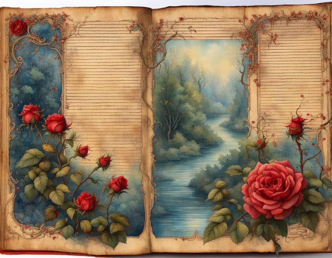 Illuminated Journal Page with Roses and River