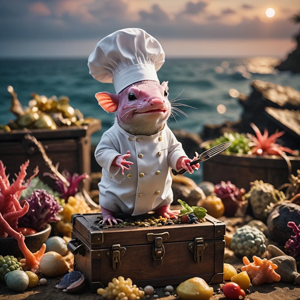 Axolotl Chef Cooking on a Treasure Chest