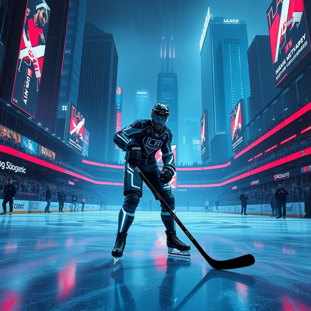 Cyberpunk Ice Hockey Player in a Futuristic Arena