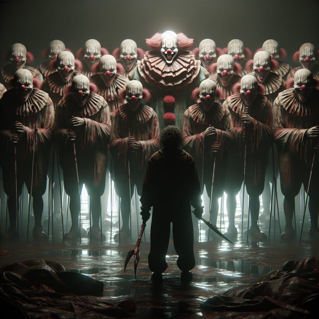 Eerie Clown Army in Grotesque Surrealism