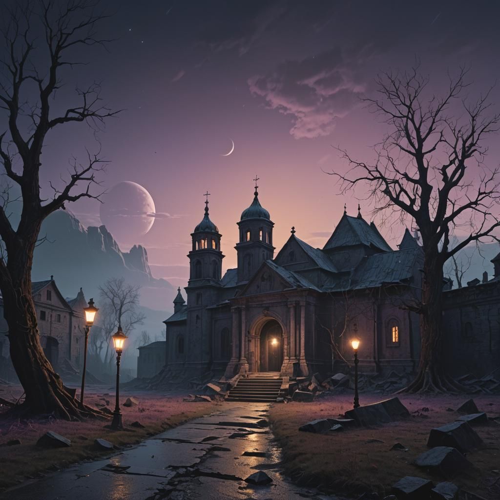 Eerie Monastery Under Black Moon: Matte Painting