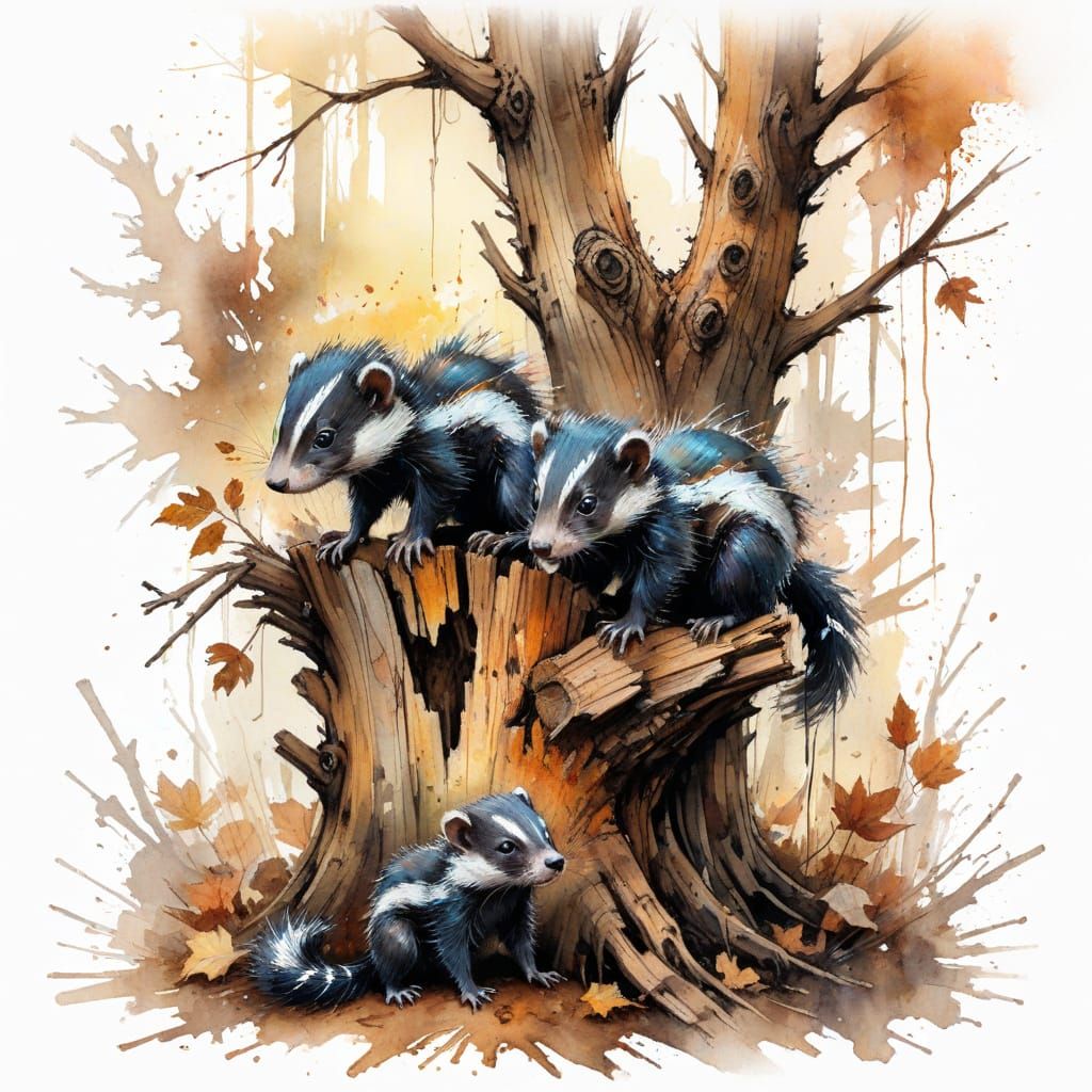 Baby Skunks Play on Autumn Log in Watercolor Style