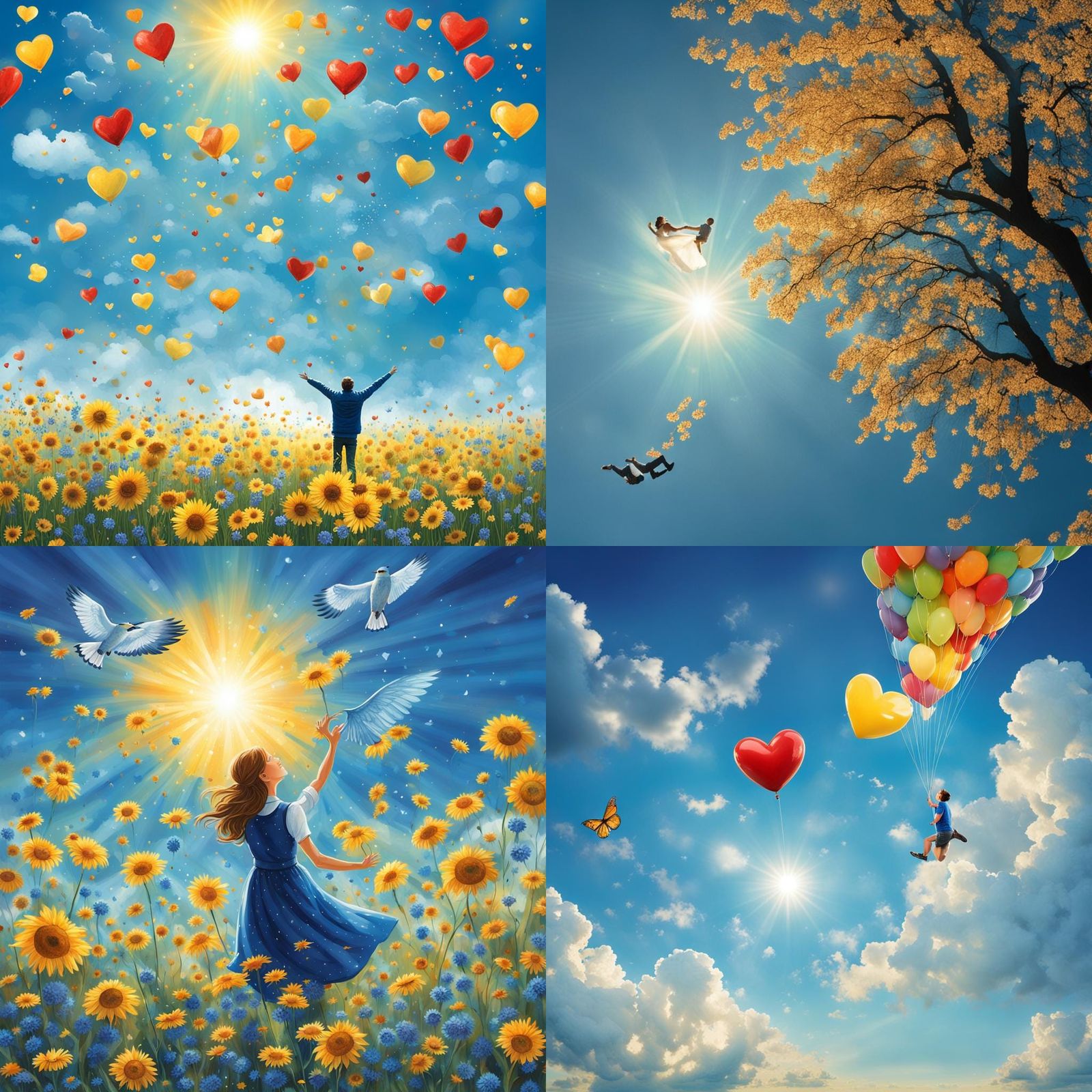 Love Hearts Flying in Blue Sky, 3D Digital Art