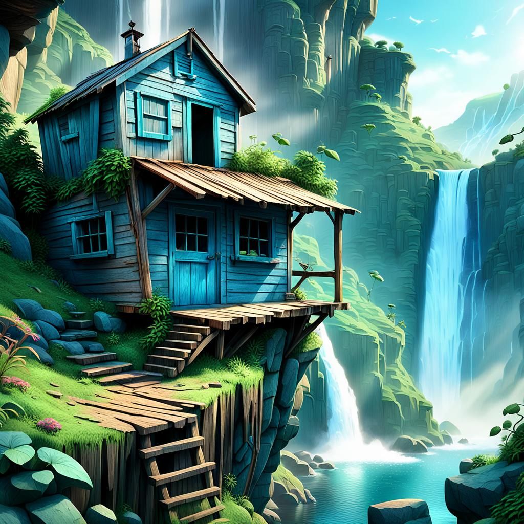Cliffside Shack Overlooking Waterfall: Pixar-Style 3D Art