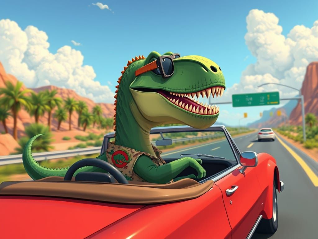 T-Rex Drives Convertible in Dreamlike Cartoon Style