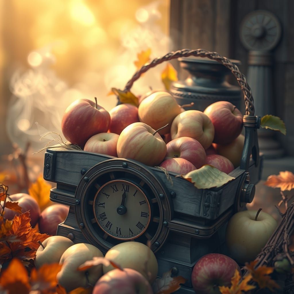 Steampunk Wooden Basket in Golden Autumn Landscape