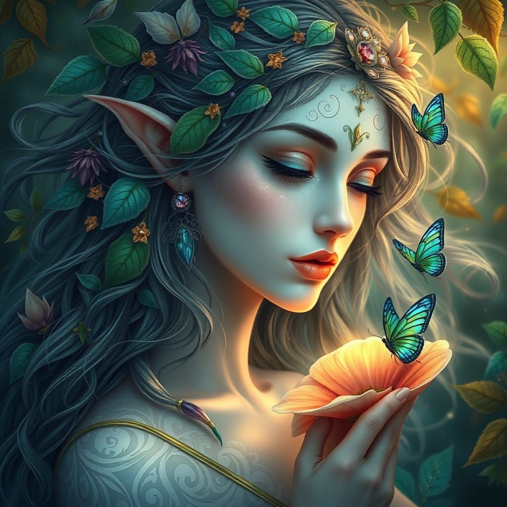 Enchanting Elven Maiden Portrait with Floral Patterns
