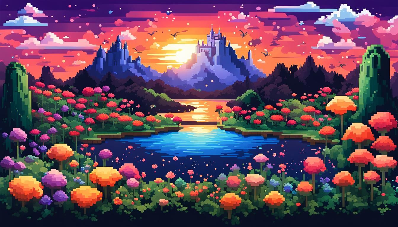 Pixel Art Sunset Over Bay in Fantasy Terrarium
