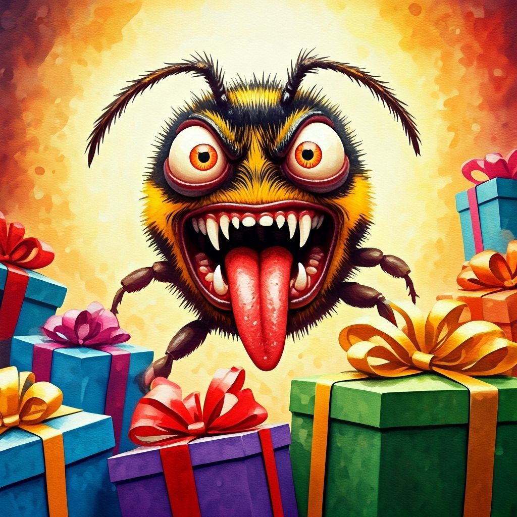 Angry Birthday Gift with Fangs in Watercolor Style