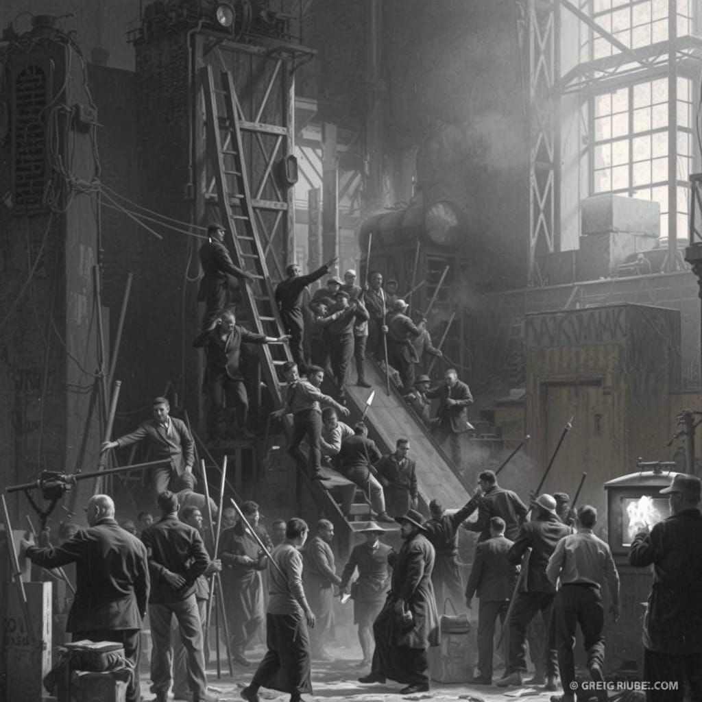 Striking Workers Swarm Factory: Dark Fantasy Illustration
