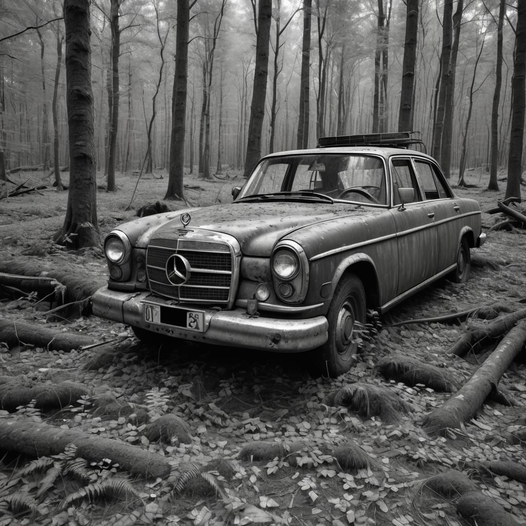 Abandoned 1960s Mercedes in Forest: Hyperrealistic Photo