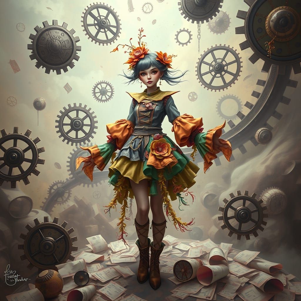 Whimsical Woman in Dreamlike Clockwork Realm